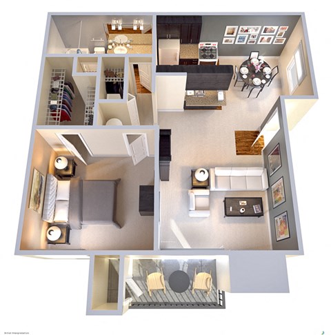 Floor plan for 1 bed, 1 bath, 727 sqft